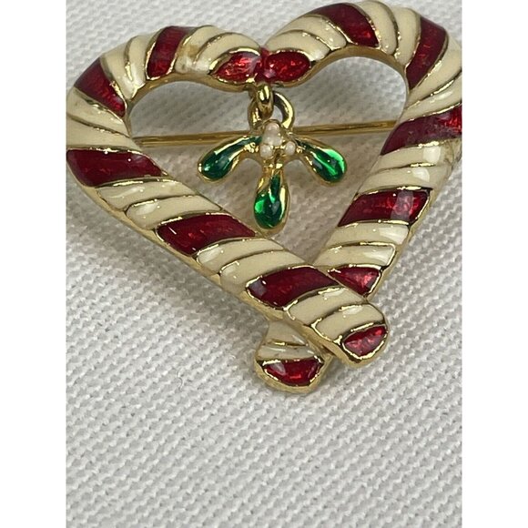 VTG Enamel Red White Gold Candy Cane Heart Dangle Holly Pin Brooch Signed GSK FS - Picture 2 of 7